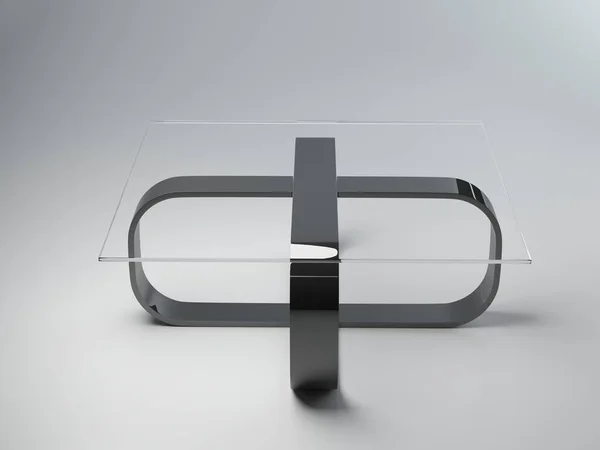 クロム色のガラスの上と金属の足で正方形のテーブル 灰色の背景にコーヒーテーブルの3Dモデリングと可視化 3Dレンダリング — ストック写真