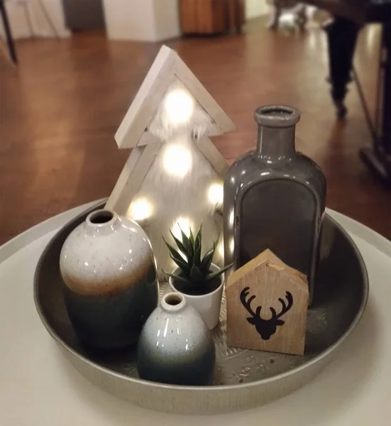 Cozy Christmas Home Decor Composition Decorative Christmas Tree Vases New — Stock Photo, Image