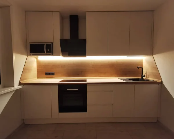 Small White Kitchen Interior Modern Minimalist Apartment White Black Wood — Stock Photo, Image