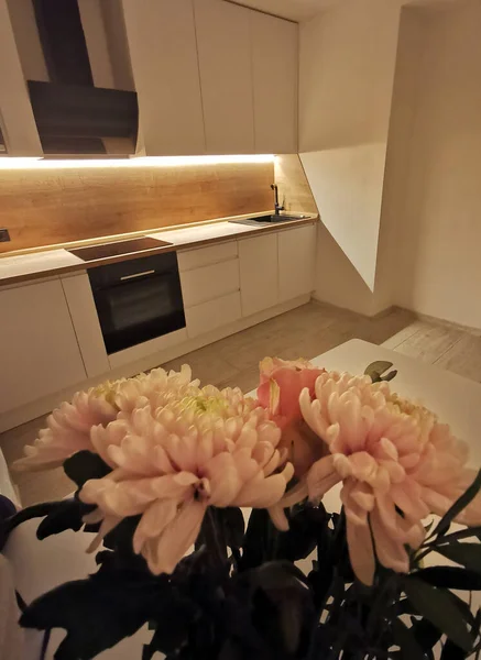 Interior Dapur Putih Kecil Apartemen Minimalis Modern Berwarna Putih Dengan — Stok Foto