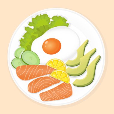 Plate of delicious fresh healthy breakfast with salmon, fried egg, lemon, cucumber and lettuce. Vector illustration of a healthy breakfast for poster, advertisement, web. Healthy lifestyle.