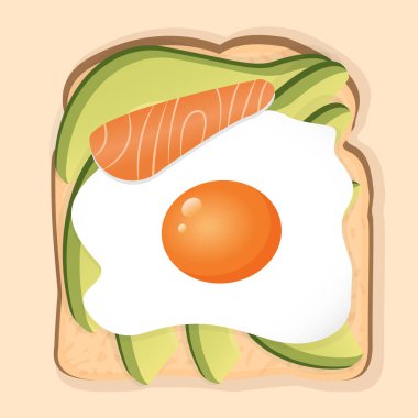 Kızarmış ekmek, sahanda yumurta, somon ve avokado parçalı sandviç. Afiş, reklam, menü ve web için sağlıklı bir kahvaltı sunumu. Sağlıklı yaşam tarzı.