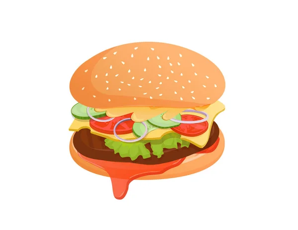 Cheeseburger Met Vlees Salade Tomaat Komkommer Saus Kaas Vector Platte — Stockvector