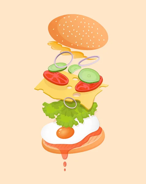 Vegetarian Burger Flying Ingredients Egg Ketchup Lettuce Tomato Cucumber Onion — Stock Vector