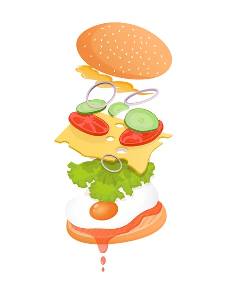 토마토 소오스 등날으는 재료가 포스터 메뉴판 패스트푸드 버거의 — 스톡 벡터
