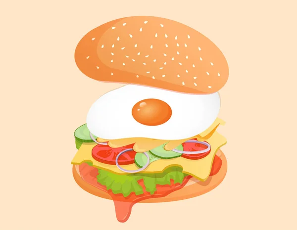 Vegetarian Burger Ingredients Egg Ketchup Lettuce Tomato Cucumber Onion Sauce — Stock Vector