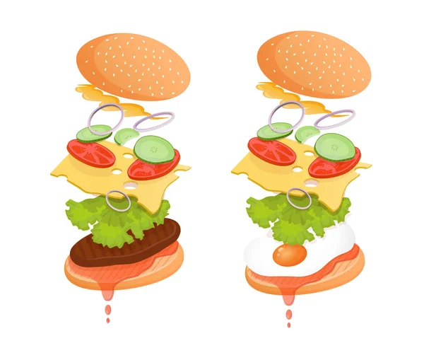 Cheeseburger Cutlet Burger Egg Flying Ingredients Ketchup Lettuce Tomato Cucumber — Stock Vector