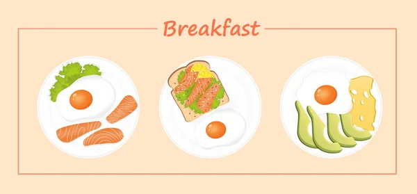 Набор Здоровых Тарелок Завтрака Лососем Жареным Яйцом Лимоном Огурцом Салатом — стоковый вектор