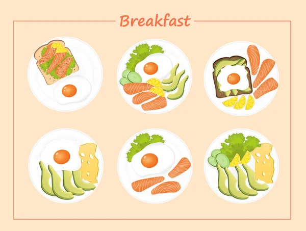 Set Platos Saludables Para Desayuno Con Salmón Huevo Frito Limón — Vector de stock