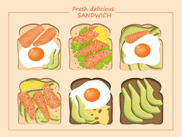 Set Delicious Fresh Sandwiches Toast Bread Consisting Fried Egg Salmon — Stock Vector