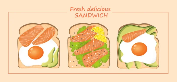 Conjunto Deliciosos Sanduíches Frescos Com Pão Torrado Composto Por Ovo —  Vetores de Stock