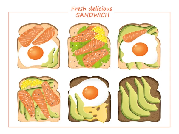 Set Deliciosos Sándwiches Frescos Con Pan Tostado Compuesto Por Huevo — Vector de stock