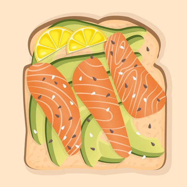 Sandwich Met Witbrood Zalmschijfjes Avocado Citroenschijfjes Sesamzaad Vector Illustratie Van — Stockvector