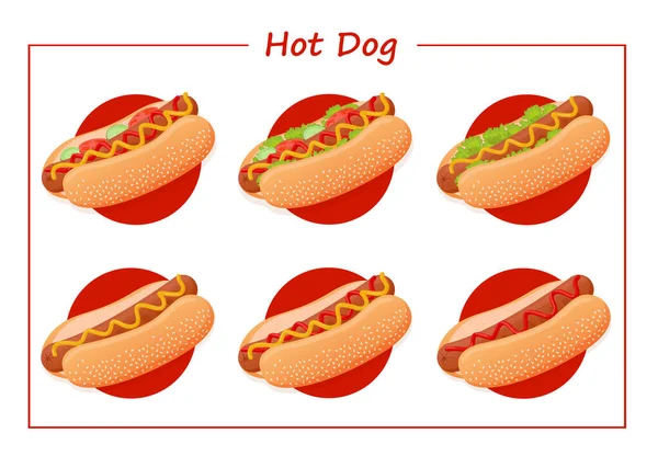 Set Von Köstlichen Amerikanischen Hot Dogs Mit Verschiedenen Zutaten Wie — Stockvektor