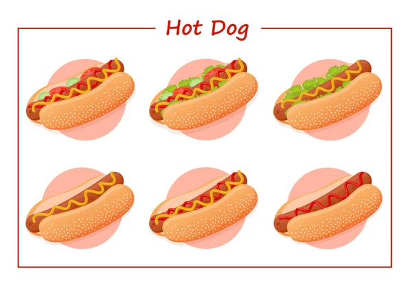 Set Von Köstlichen Amerikanischen Hot Dogs Mit Verschiedenen Zutaten Wie — Stockvektor