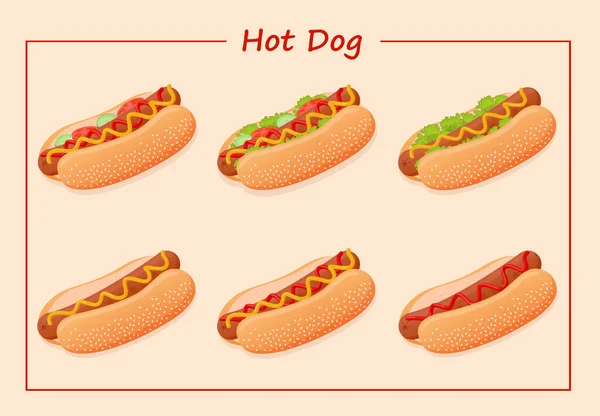 一套美味的美国热狗 配以不同的配料 如香肠 番茄酱 西红柿 黄瓜和芝麻种子面包 用于广告 速食病媒图解 — 图库矢量图片