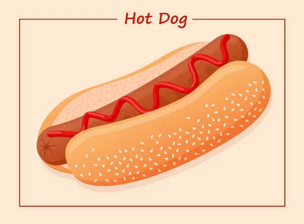 Wektor Płaska Ilustracja Amerykańskiego Pysznego Hot Doga Plakat Reklama Menu — Wektor stockowy