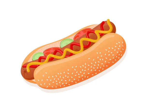 用于海报 餐馆的美国美味热狗的矢量平面插图 热狗配西红柿 番茄酱 芥末和芝麻籽面包 — 图库矢量图片