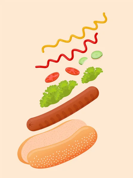 Lahodný Hot Dog Létajícími Ingrediencemi Jako Sezamová Houska Masová Klobása — Stockový vektor