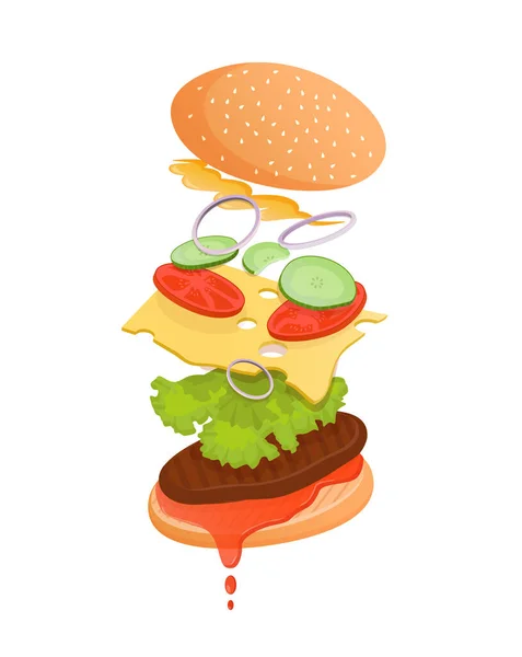 芝士汉堡与飞行的成分 如肉类 番茄酱 西红柿 酱汁和奶酪 用于海报 网页的快餐汉堡包的矢量平面插图 — 图库矢量图片