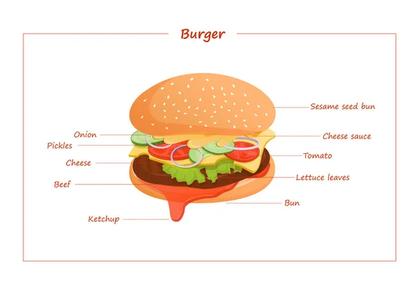 Cheeseburger Mit Fleisch Salat Tomaten Gurken Zwiebeln Sauce Und Käse — Stockvektor