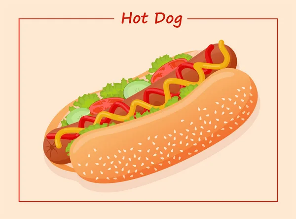 用于海报 餐馆的美国美味热狗的矢量平面插图 生菜热狗 西红柿 番茄酱 芥末和芝麻种子面包 — 图库矢量图片
