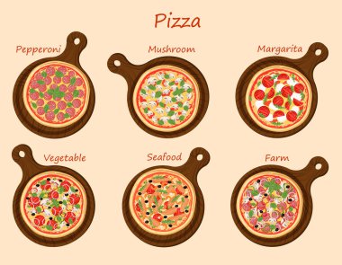 Arka planda izole edilmiş bir pizza seti. Pepperoni, mantar, Margarita, sebze, deniz ürünleri, çiftlik. Pizzanın menü, poster, reklam, pankart, web sitesi, afiş için vektör çizimleri.