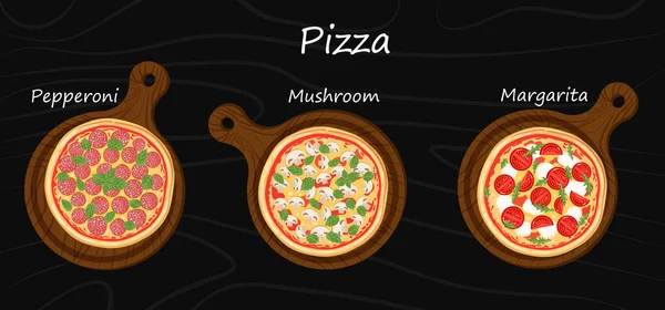 Zestaw Pizzy Deskach Odizolowanych Tle Pepperoni Grzyb Margarita Wektorowe Ilustracje — Wektor stockowy