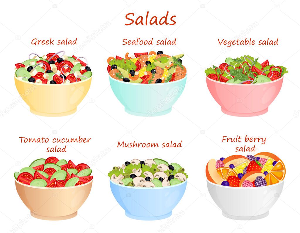 Set of salads, Greek, sea, vegetarian, tomatoes with cucumbers, mushroom and fruit salads on a white background. Healthy and wholesome food vector illustration.
