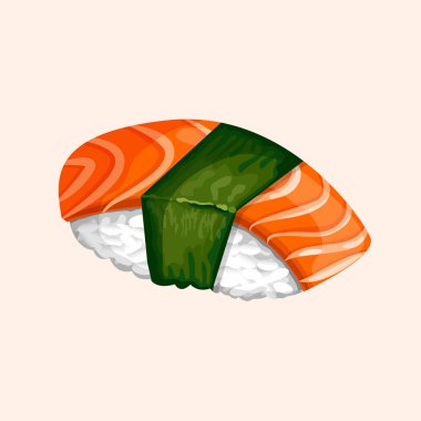 Somon, pirinç ve nori yaprağıyla suşi illüstrasyonu. Etiketler, web, web sitesi, menü, dükkan, restoran için geleneksel Japon mutfağı. Nigiri..