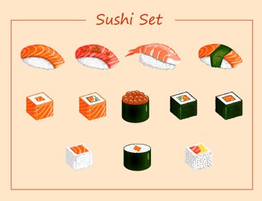 Nigiri, gunkan maki, uramaki, futomaki, hosomaki gibi suşi ve roll setleri. Etiketler, web sitesi, menü, depolama için geleneksel Japon mutfağının renkli arkaplanındaki vektör çizimleri