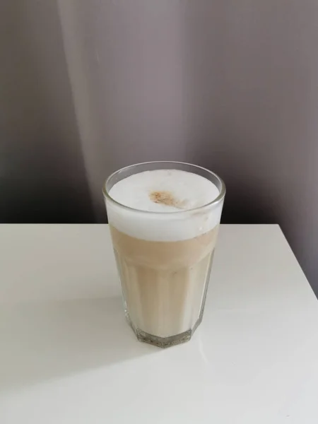 Homemade Coffee Latte Milk Froth Table Gray Background Glass Beaker — Stock Photo, Image