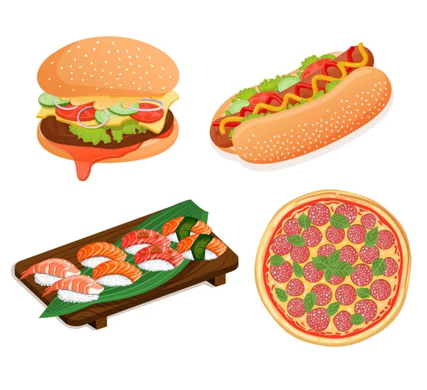 Fast Food Seti Peperoni Pizza Suşi Rulo Karides Somon Ton — Stok Vektör