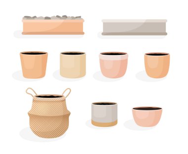Beyaz arkaplandaki boş saksıların vektör çizimleri. Seramik, hasır, ahşap, el yapımı vazolar ve çömlekler. Ev işleri ve peyzaj konsepti