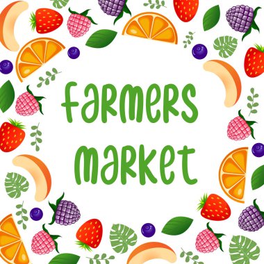 Ahududu, böğürtlen, çilek, böğürtlen, şeftali, portakal, canavar yaprakları ve yeşillik ile pazarlanan çiftçiler. Pazar için vektör illüstrasyon çizgi film böğürtlen ve meyve