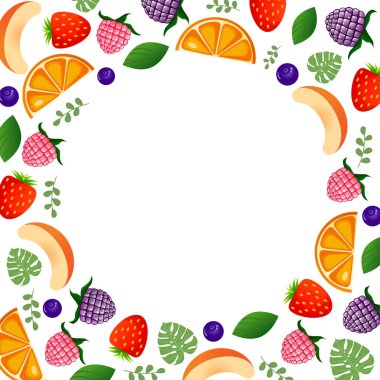 Metin, reklam, kartpostal eklemek için beyaz arka planda meyve ve duttan yapılmış çerçeve. Vektör düz çizim. Çizgi film tarzı. Portakal, çilek, yabanmersini, ahududu, böğürtlen, şeftali.