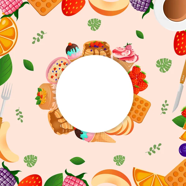 Στρογγυλό Πλαίσιο Γλυκά Αρτοσκευάσματα Μούρα Και Φρούτα Για Σχεδιασμό Σας — Διανυσματικό Αρχείο