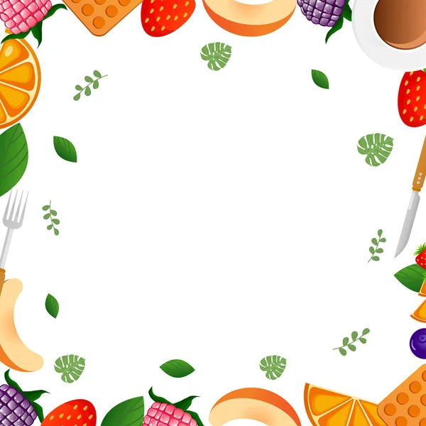 Metin, reklam, kartpostal eklemek için pembe arka planda meyve ve dutlardan yapılmış çerçeve. Vektör düz çizim. Çizgi film tarzı. Portakal, çilek, yabanmersini, ahududu, böğürtlen, şeftali.