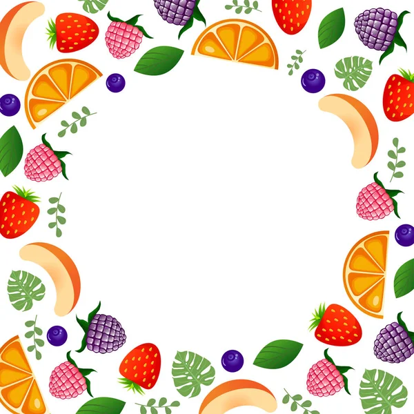 Metin, reklam, kartpostal eklemek için beyaz arka planda meyve ve duttan yapılmış çerçeve. Vektör düz çizim. Çizgi film tarzı. Portakal, çilek, yabanmersini, ahududu, böğürtlen, şeftali.
