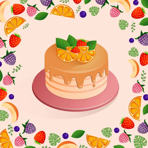 Ilustração Vetorial Bolo Fundo Rosa Com Laranja Morango Para Aniversário — Vetor de Stock