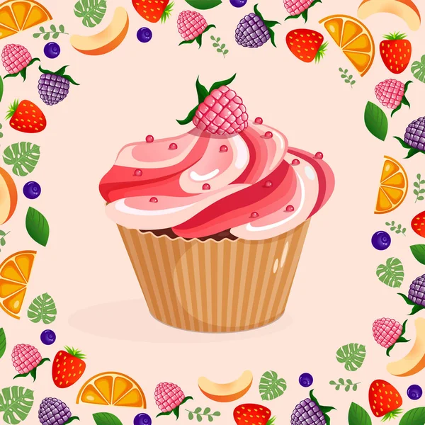 誕生日のラズベリーとピンクの背景カップケーキのベクトルイラスト 広告のための休日 はがき バナー 漫画甘いデザートの要素のコレクション ベーキングコンセプト — ストックベクタ