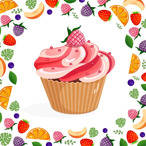 Illustration Vectorielle Sur Fond Blanc Cupcake Aux Framboises Pour Anniversaire — Image vectorielle