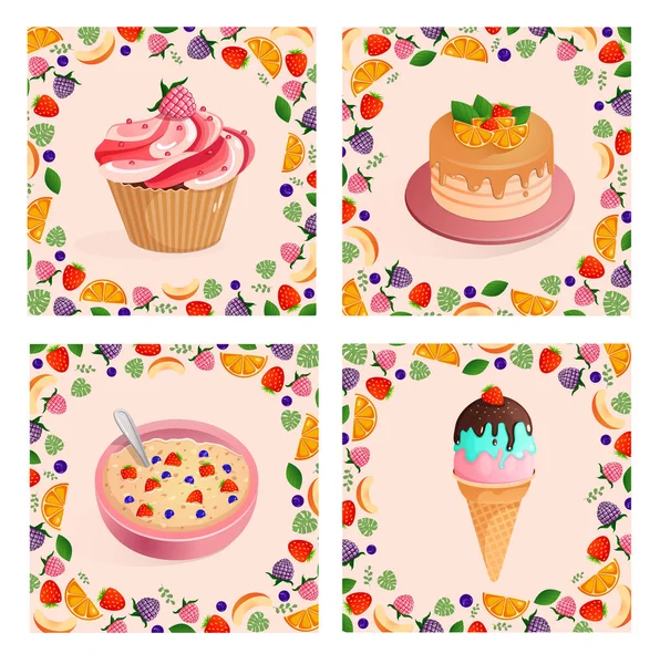 Conjunto Ilustrações Vetoriais Cupcake Com Framboesas Bolo Aniversário Com Morangos —  Vetores de Stock