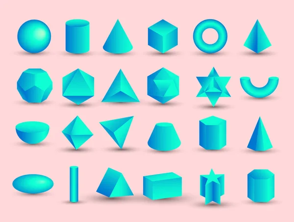 矢量现实的3D蓝色几何形状孤立在粉红色的背景 数学几何图形形式 现实的形状模型 柏拉图固体 设计的几何图形图标 — 图库矢量图片
