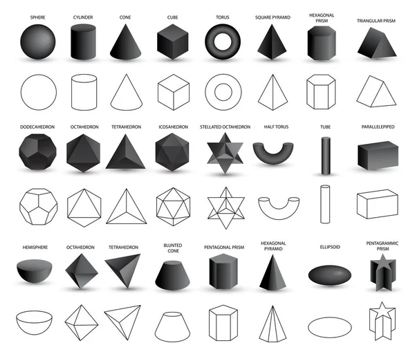 白い背景に隔離されたベクトル現実的な3D黒の幾何学的形状のセット 幾何学的形状 線形オブジェクト 輪郭の数学 プラトニック ソリッド アイコン ビジネス デザインのロゴ — ストックベクタ