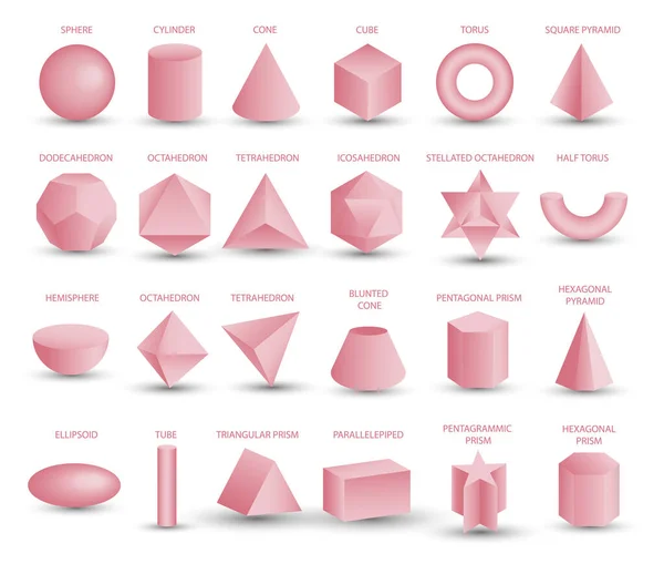 白い背景に隔離されたベクトル現実的な3Dピンクの幾何学的形状 数学幾何学的な図形フォーム 現実的な形状モデル プラトン固体 アイコン 教育のためのロゴ ビジネス デザイン ゲーム — ストックベクタ