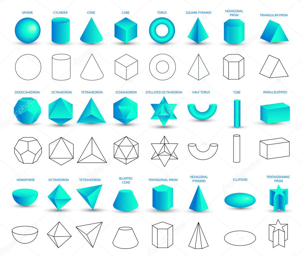 Set of vector realistic 3D blue geometric shapes isolated on white background. Mathematics of geometric shapes, linear objects, contours. Platonic solid. Icons, logos for education, business, design