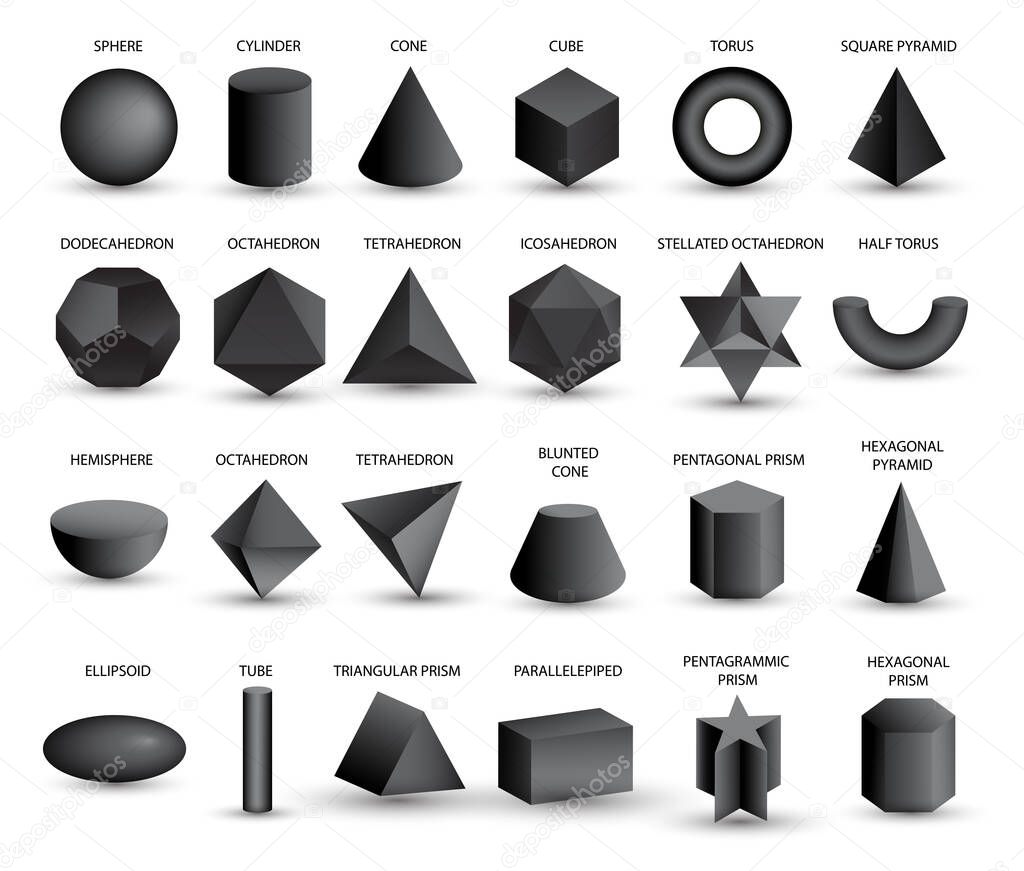 Vector realistic 3D black geometric shapes isolated on white background. Maths geometrical figure form, realistic shapes model. Platon solid. Geometric icons, logos for education, business, design.