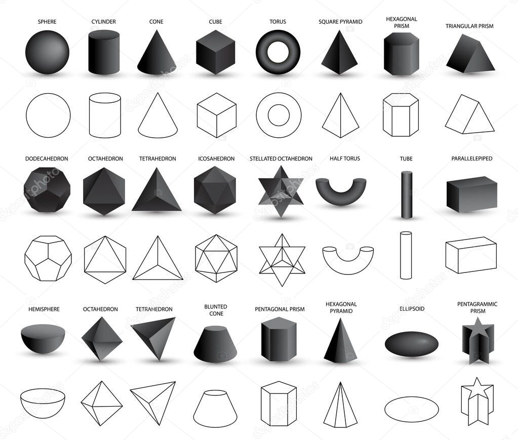 Set of vector realistic 3D black geometric shapes isolated on white background. Mathematics of geometric shapes, linear objects, contours. Platonic solid. Icons, logos for education, business, design