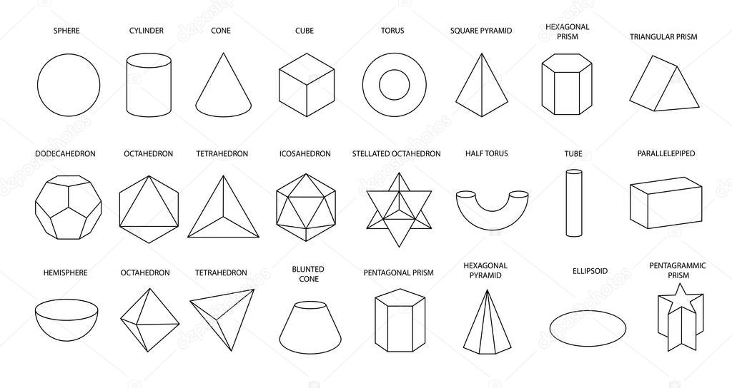 Set of vector linear black geometric shapes isolated on white background. Mathematics of a geometric figure, contour. Platonic solid. Icons, logo for education, business, design. Outline.
